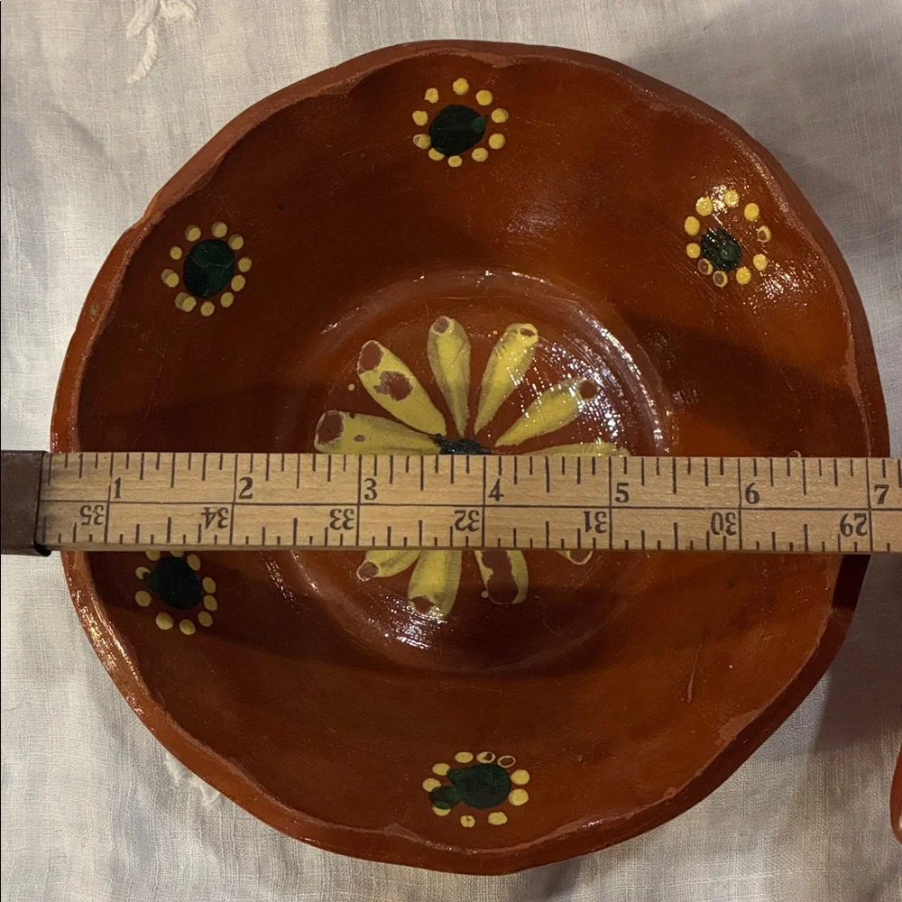 Hand Thrown Red Ware Pottery Bowls With Decorative Accents Red Ware Green Yellow